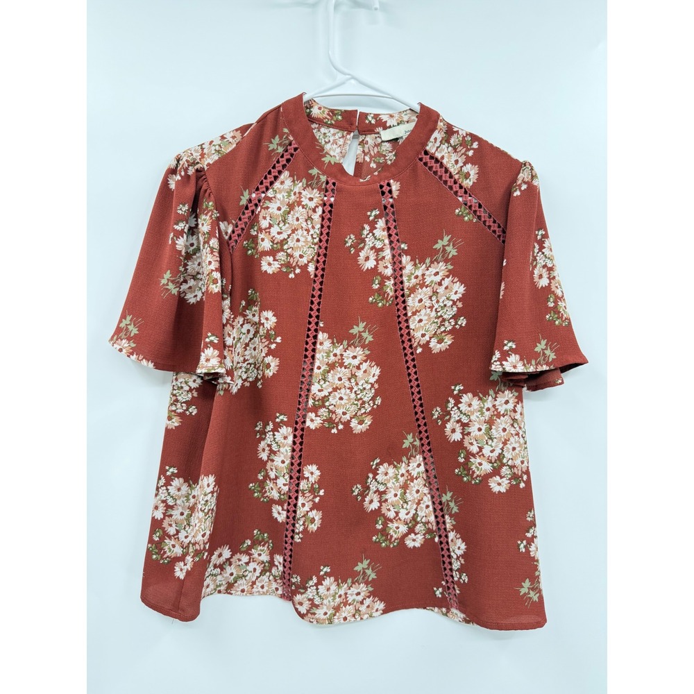 June & Hudson S Floral Blouse Womens Rust Red Flutter Sleeve Ladder Lace Trim